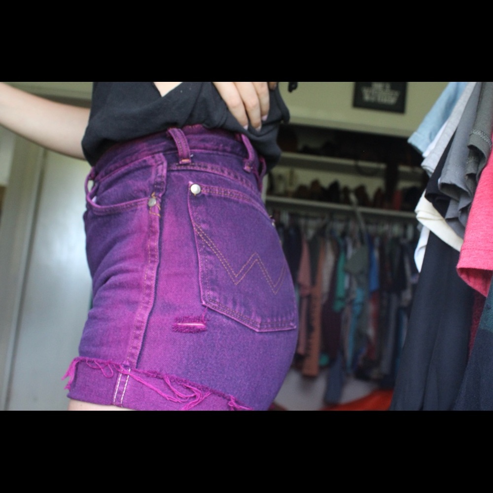 Distressed Purple wrangler cut offs fit a 27/28